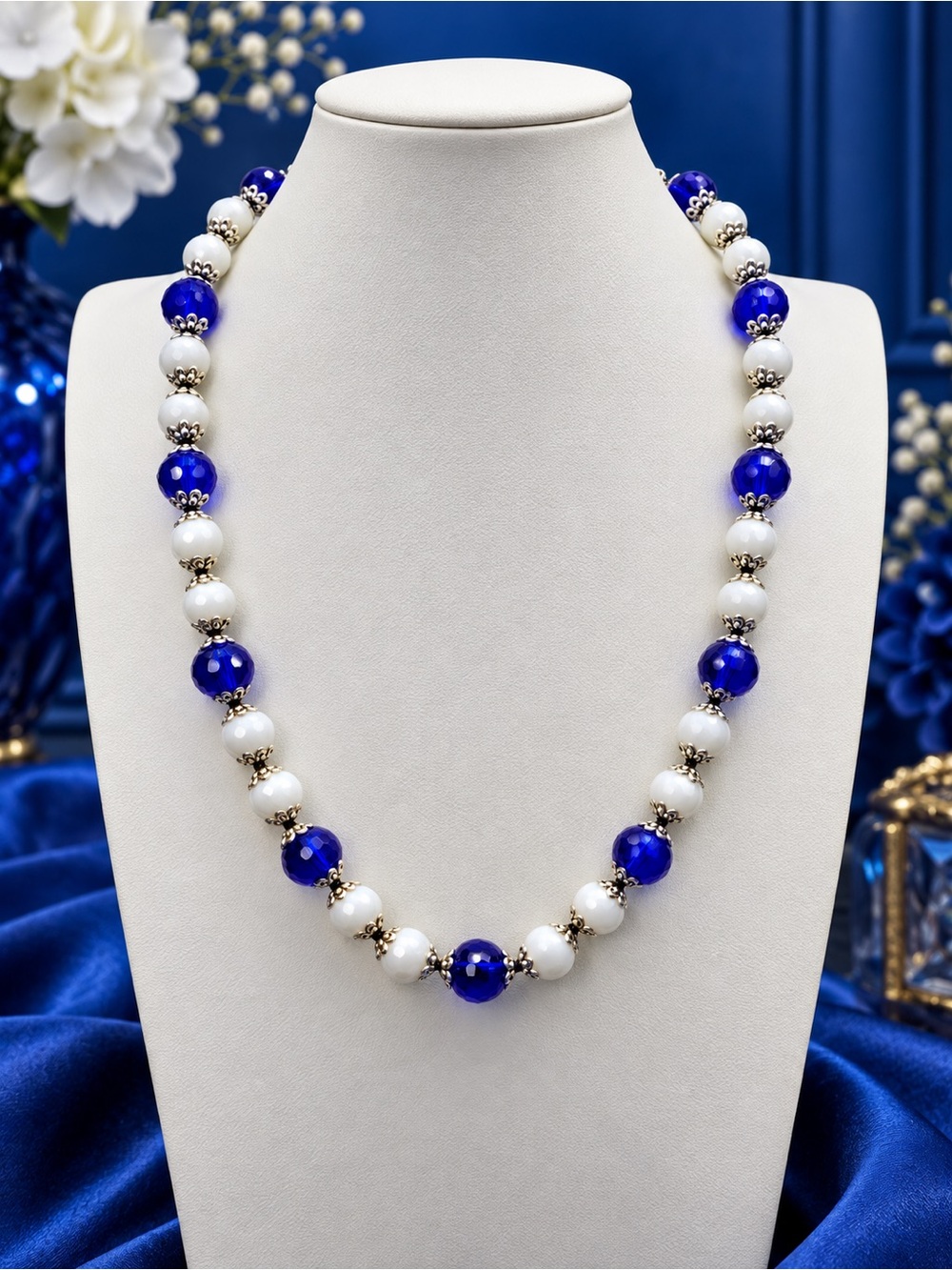 Milk glass and Blue Crystal hand knotted silver accent Aprilsplace necklace